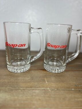 Pair of SNAP-ON Tool Brand Glass Beer Steins/Mug 5.5”x2.5” Round Limited Edition